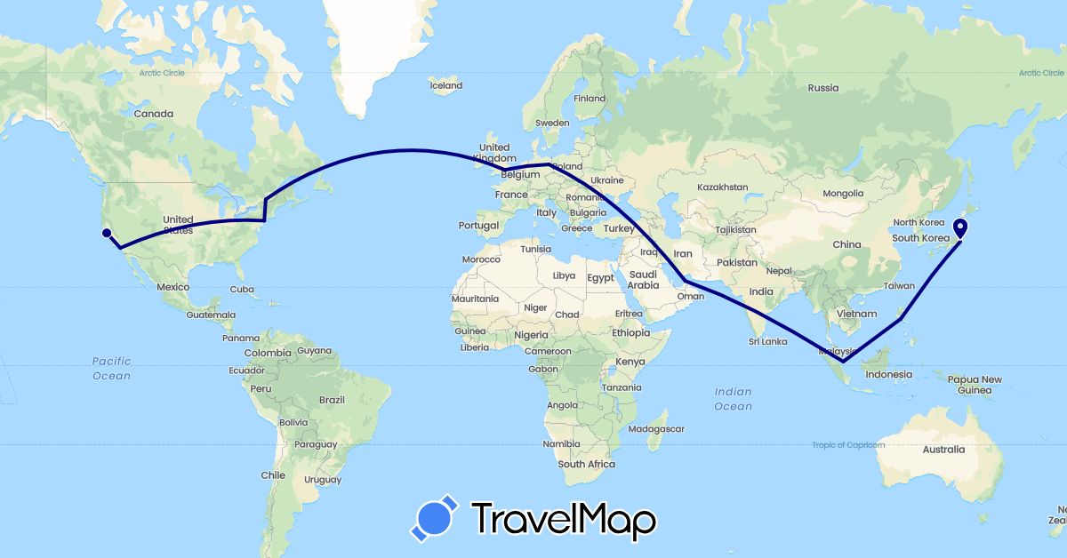 TravelMap itinerary: driving in United Arab Emirates, Canada, Germany, United Kingdom, Japan, Philippines, Singapore, United States (Asia, Europe, North America)